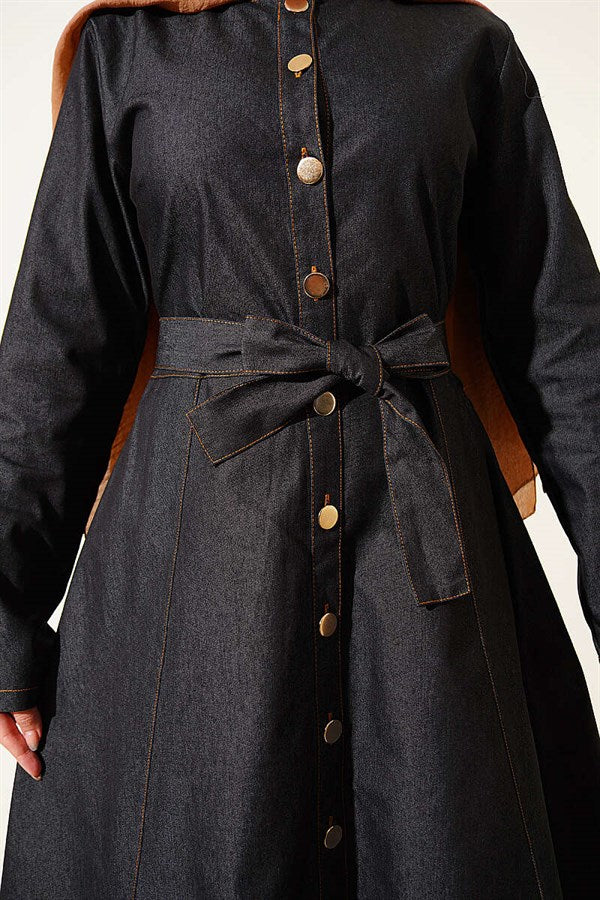 Button-down belted denim dress, black.