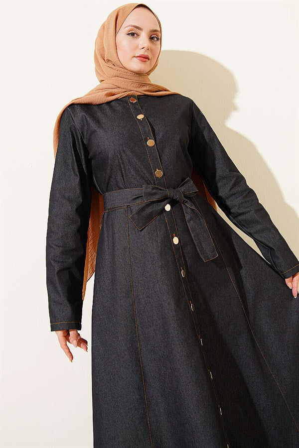 Button-down belted denim dress, black.