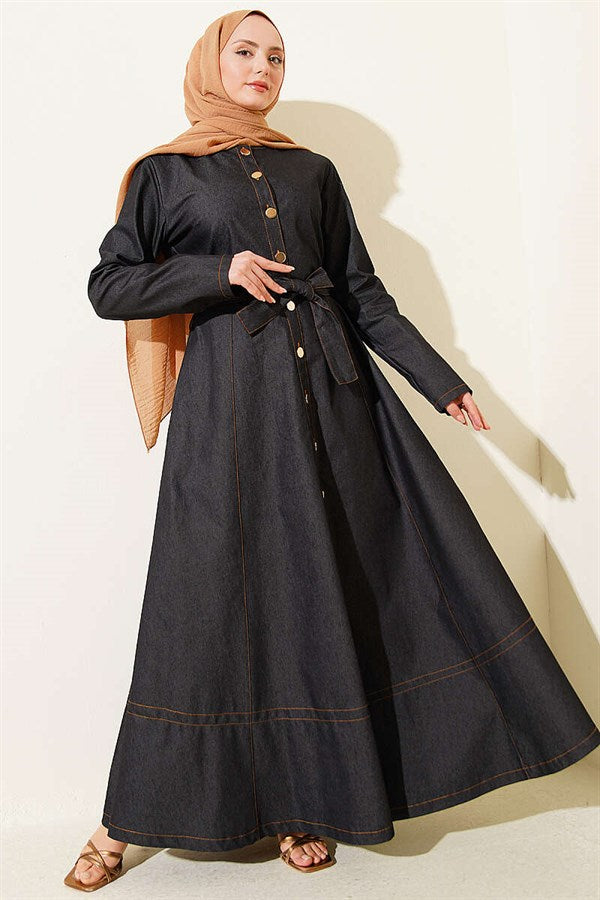 Button-down belted denim dress, black.