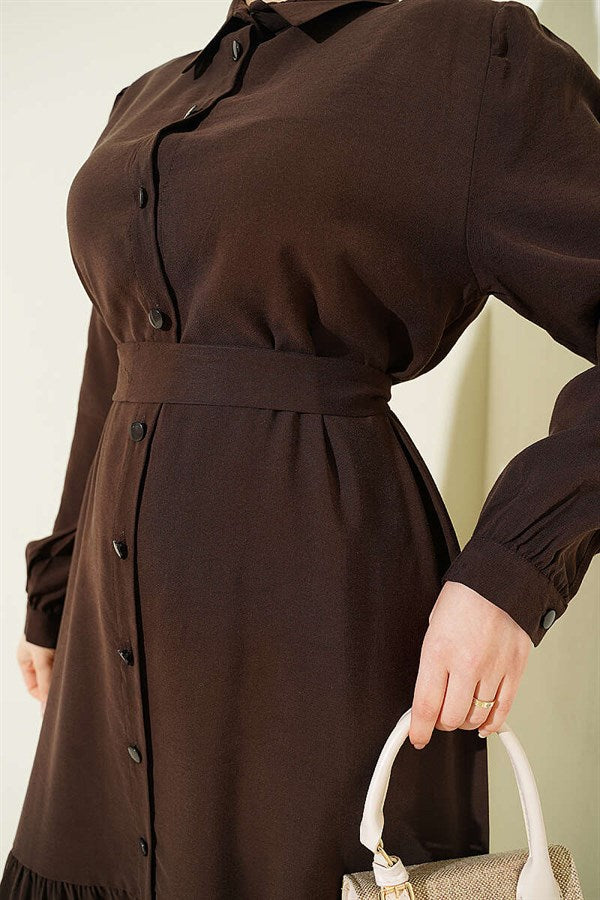 Full-Length Buttoned Belted Tencel Dress, Coffee