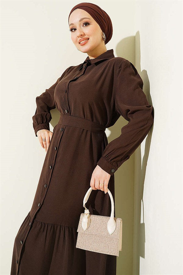 Full-Length Buttoned Belted Tencel Dress, Coffee