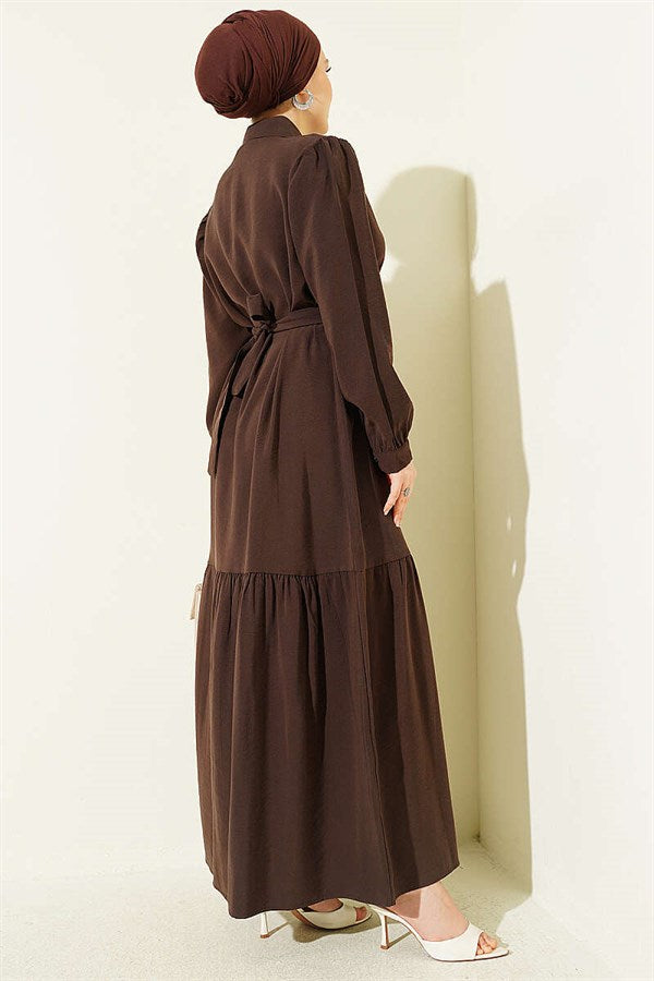 Full-Length Buttoned Belted Tencel Dress, Coffee