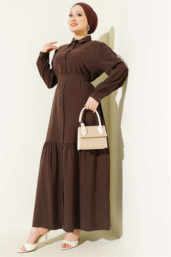 Full-Length Buttoned Belted Tencel Dress, Coffee