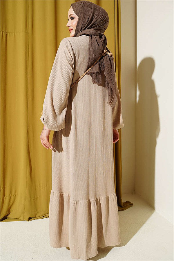 Full-Length Buttoned Dress with Embroidered Details, Beige