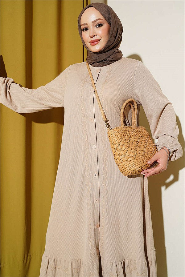 Full-Length Buttoned Dress with Embroidered Details, Beige