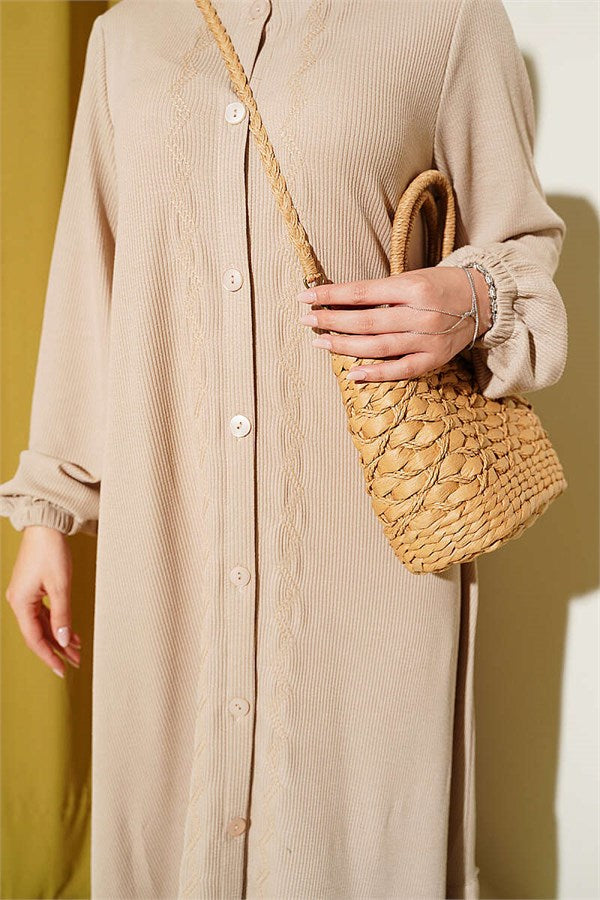 Full-Length Buttoned Dress with Embroidered Details, Beige