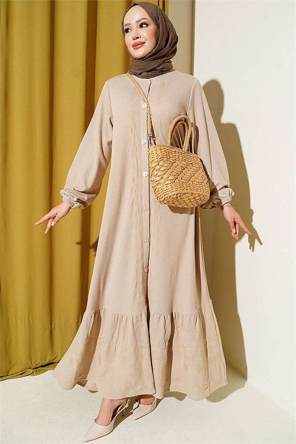 Full-Length Buttoned Dress with Embroidered Details, Beige