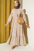 Full-Length Buttoned Dress with Embroidered Details, Beige
