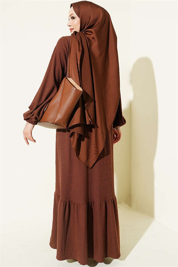 Full-Length Buttoned Dress with Embroidered Details, Brown