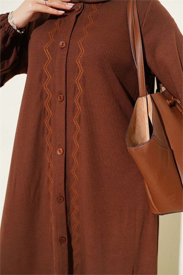 Full-Length Buttoned Dress with Embroidered Details, Brown