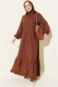 Full-Length Buttoned Dress with Embroidered Details, Brown