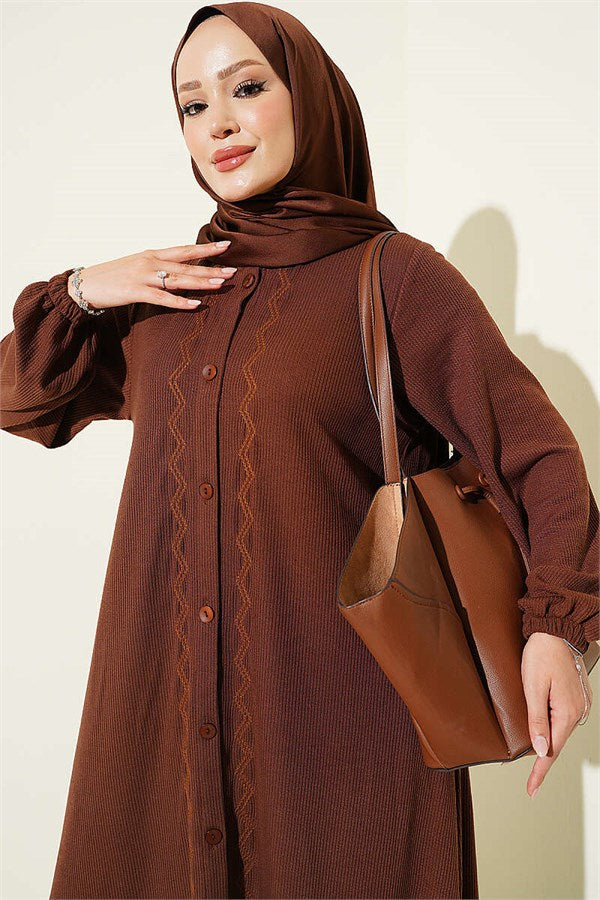 Full-Length Buttoned Dress with Embroidered Details, Brown