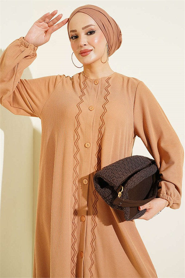 Full-Length Buttoned Embroidered Dress Latte