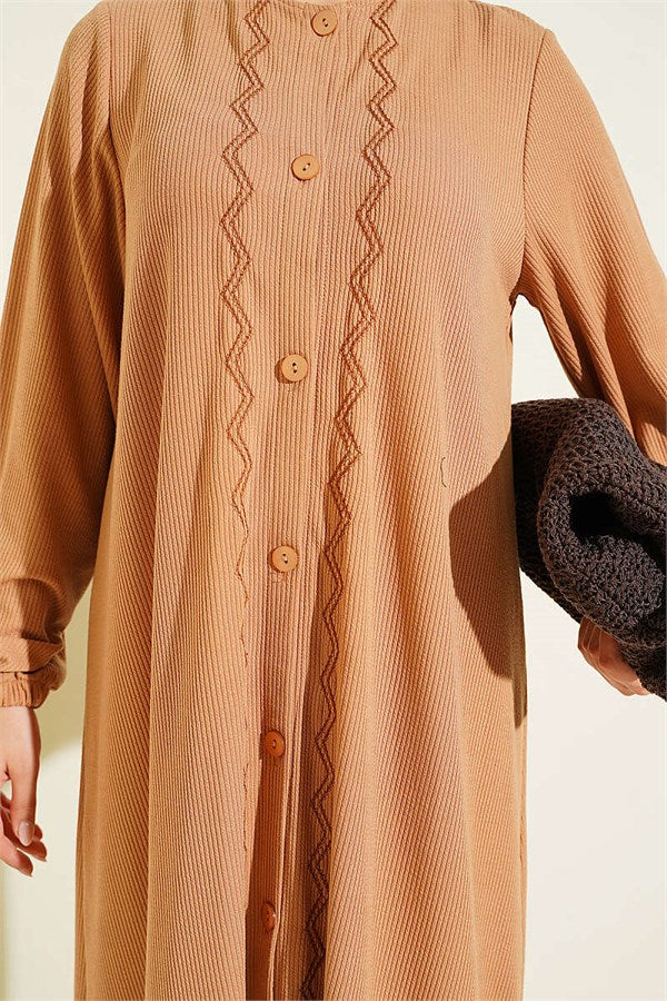 Full-Length Buttoned Embroidered Dress Latte