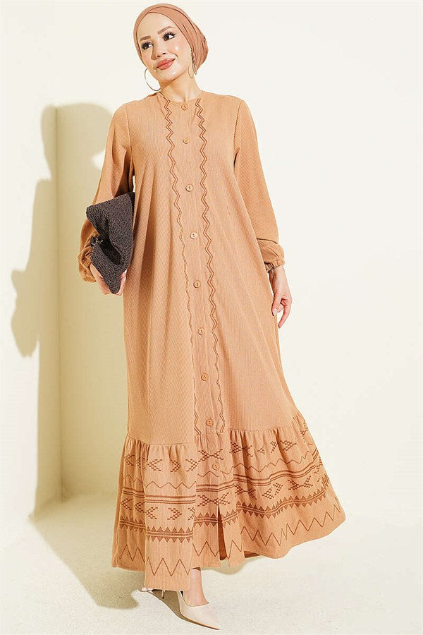 Full-Length Buttoned Embroidered Dress Latte