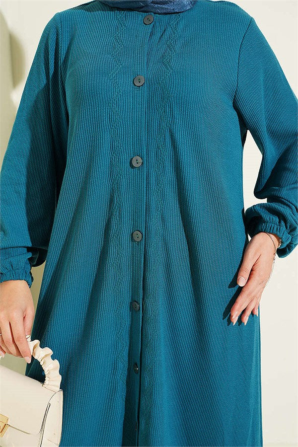 Full-Length Buttoned Embroidered Dress in Petrol