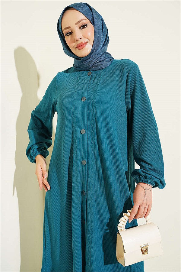 Full-Length Buttoned Embroidered Dress in Petrol