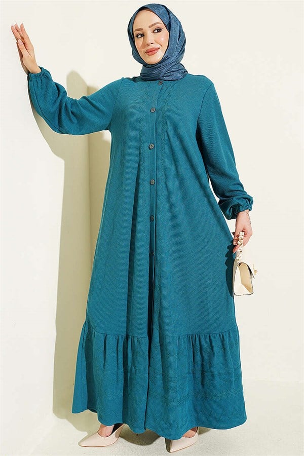 Full-Length Buttoned Embroidered Dress in Petrol