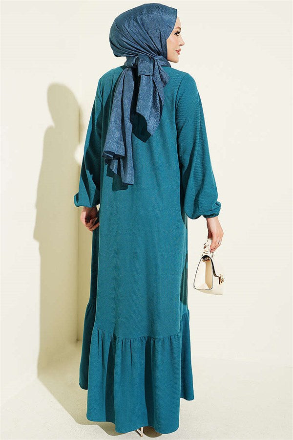 Full-Length Buttoned Embroidered Dress in Petrol