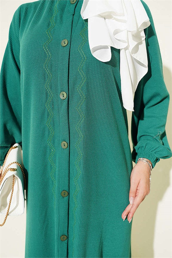 Full-Length Buttoned Dress with Embroidered Details, Green