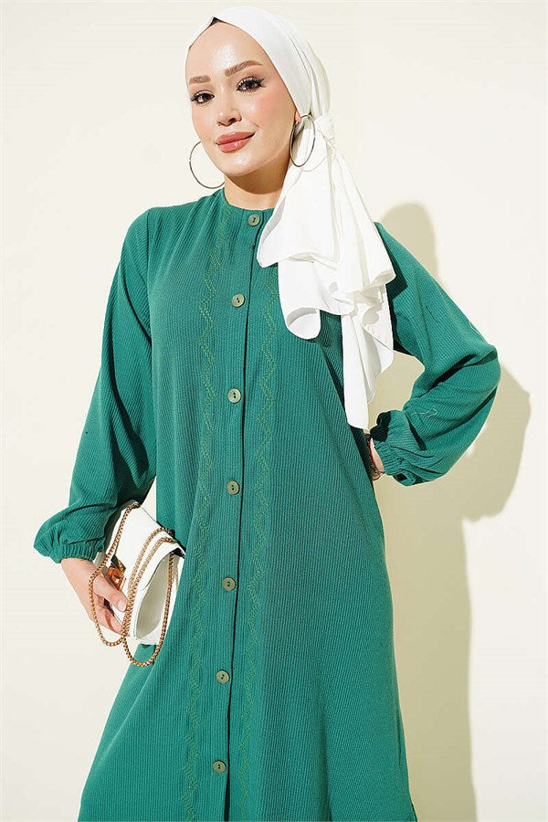Full-Length Buttoned Dress with Embroidered Details, Green