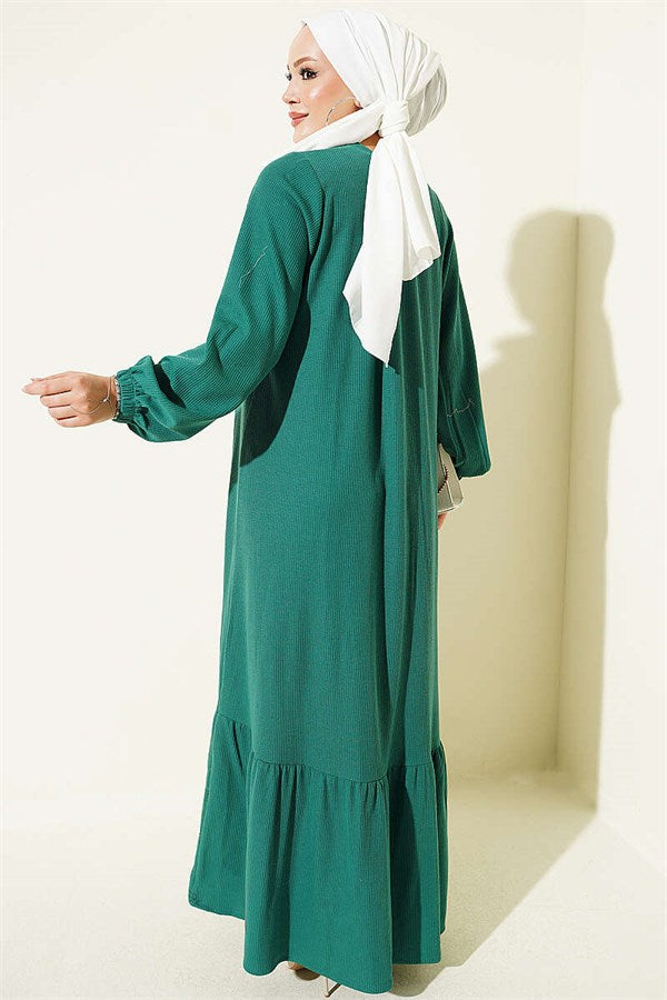Full-Length Buttoned Dress with Embroidered Details, Green