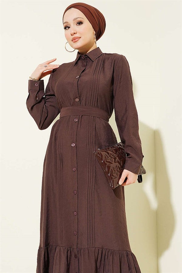 Full-Length Buttoned Ribbed Dress, Brown