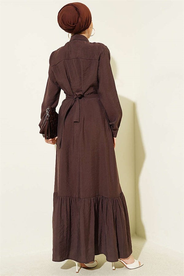 Full-Length Buttoned Ribbed Dress, Brown