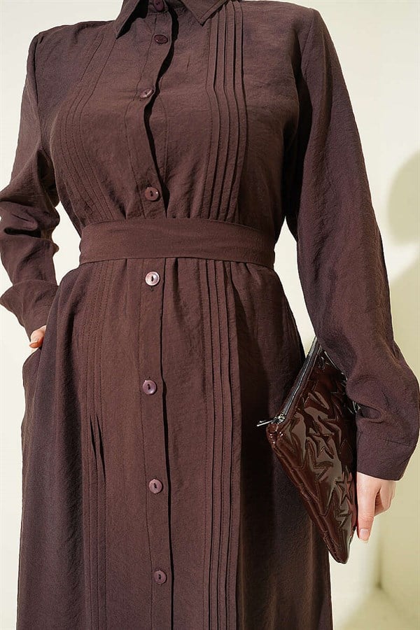 Full-Length Buttoned Ribbed Dress, Brown