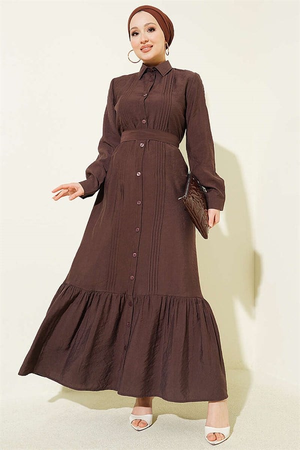 Full-Length Buttoned Ribbed Dress, Brown
