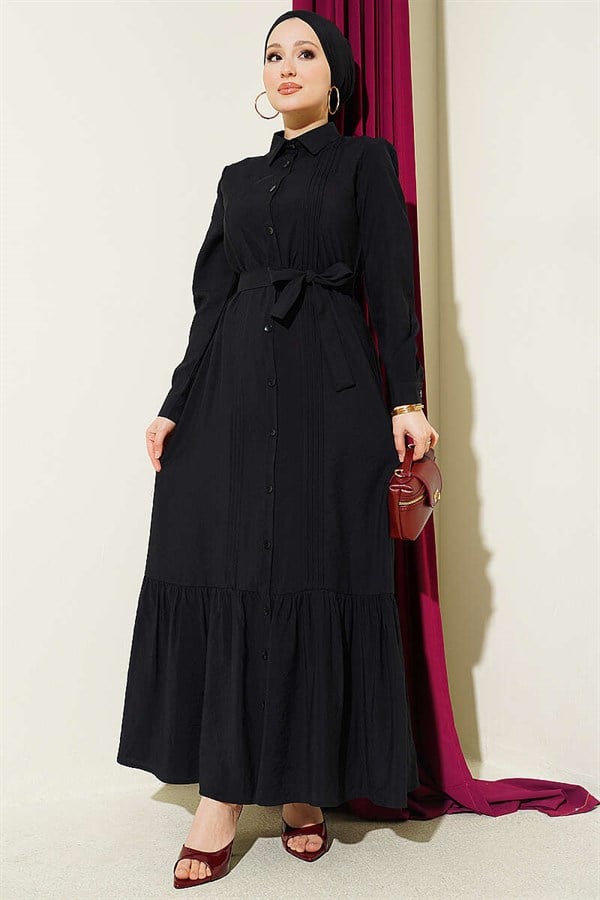 Button-Down Ribbed Dress, Black