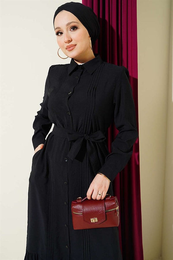Button-Down Ribbed Dress, Black