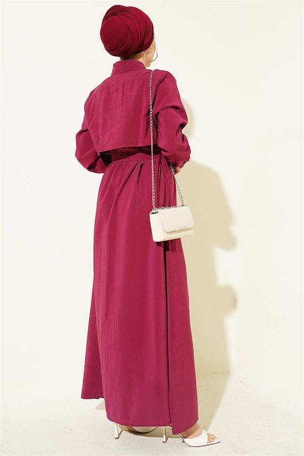 Full-Length Button-Down Dress with Belt, Burgundy