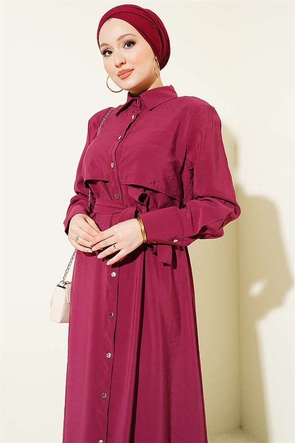 Full-Length Button-Down Dress with Belt, Burgundy