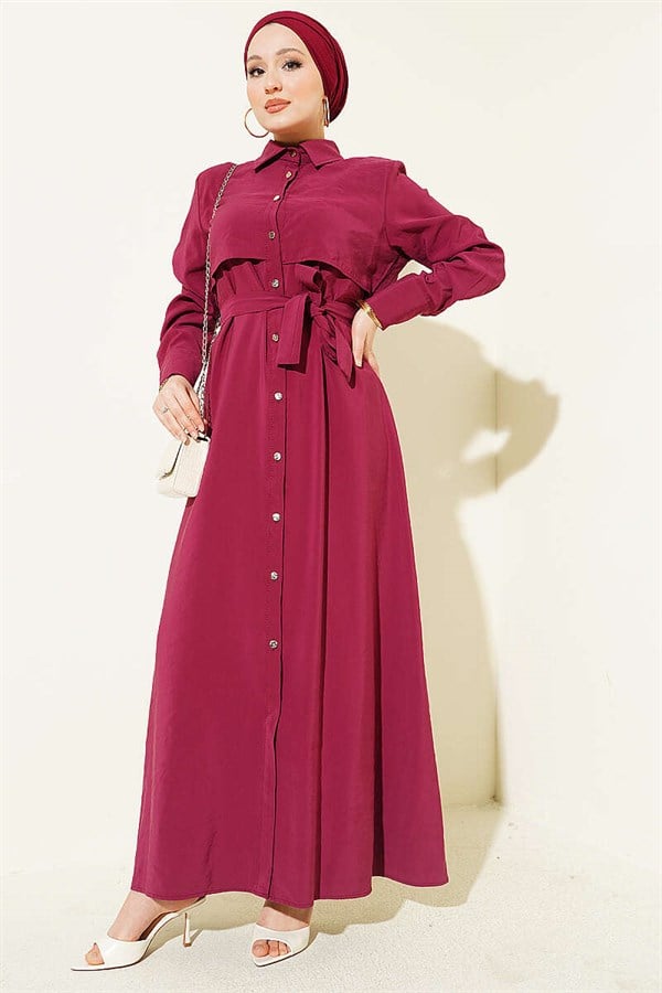 Full-Length Button-Down Dress with Belt, Burgundy