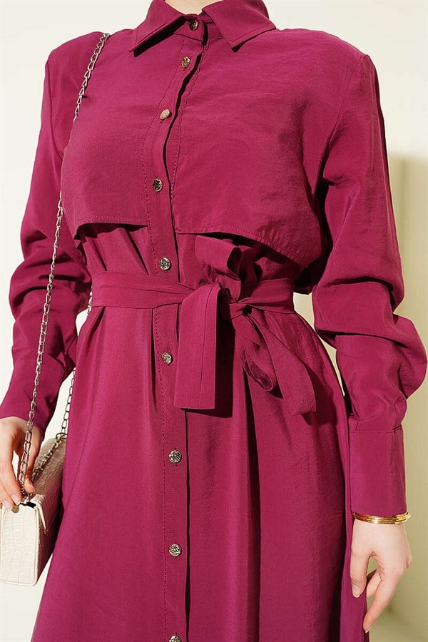 Full-Length Button-Down Dress with Belt, Burgundy