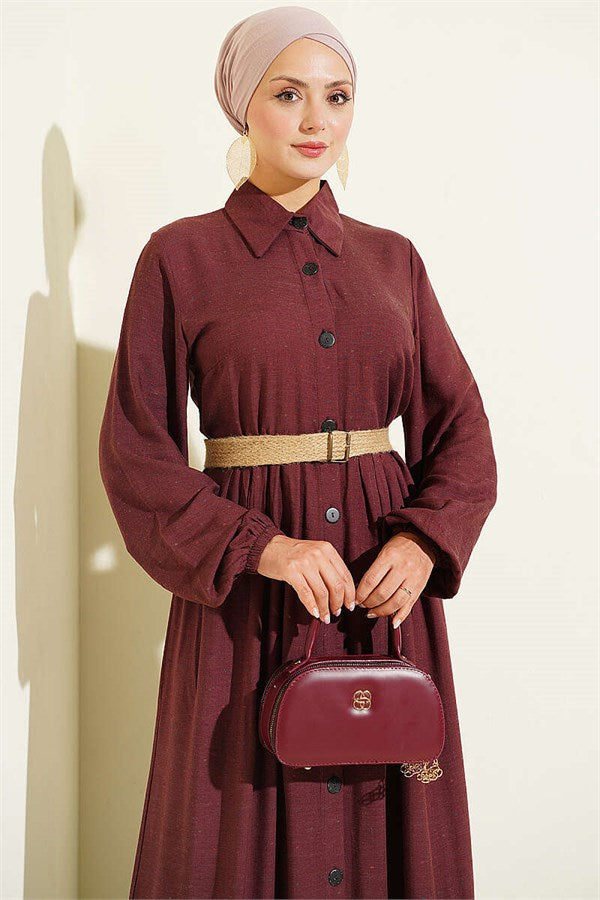 Full-Length Buttoned Dress with Dart Detail, Burgundy