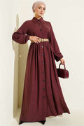 Full-Length Buttoned Dress with Dart Detail, Burgundy