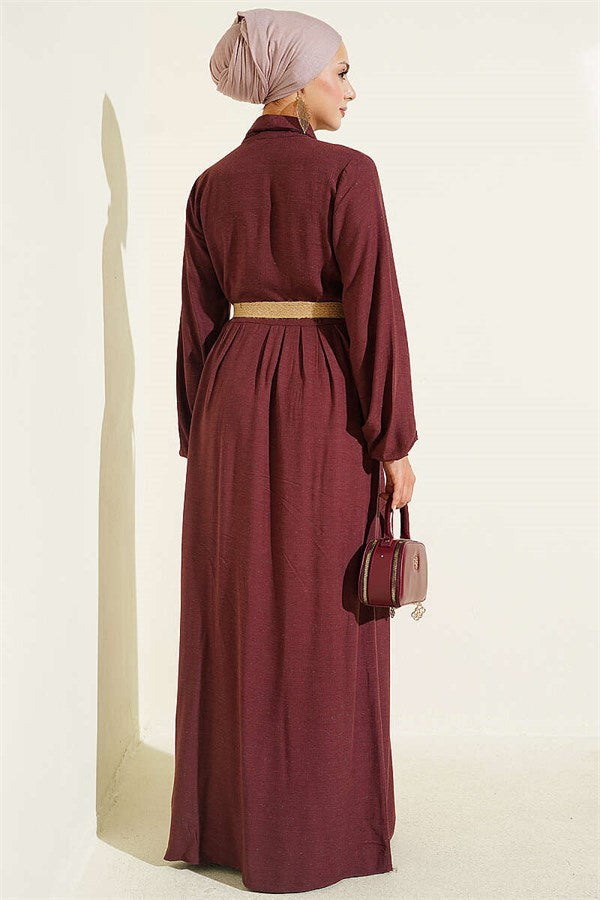 Full-Length Buttoned Dress with Dart Detail, Burgundy