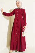 Full-Length Buttoned Darted Dress, Burgundy