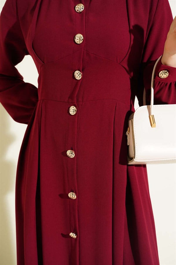 Full-Length Buttoned Darted Dress, Burgundy