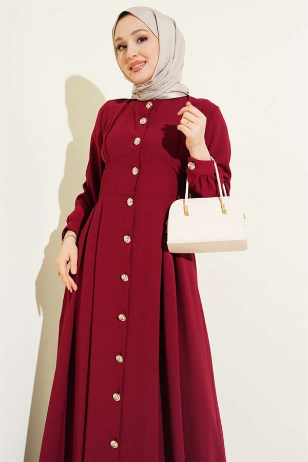 Full-Length Buttoned Darted Dress, Burgundy