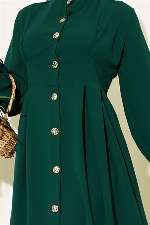 Full-Length Buttoned Darted Dress, Emerald Green