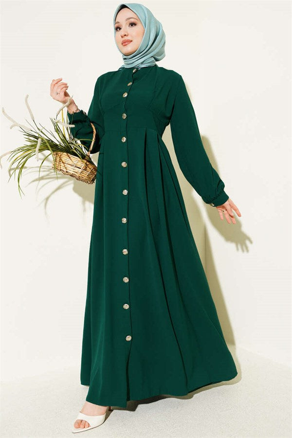 Full-Length Buttoned Darted Dress, Emerald Green