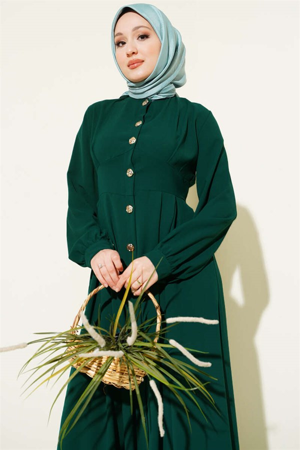 Full-Length Buttoned Darted Dress, Emerald Green