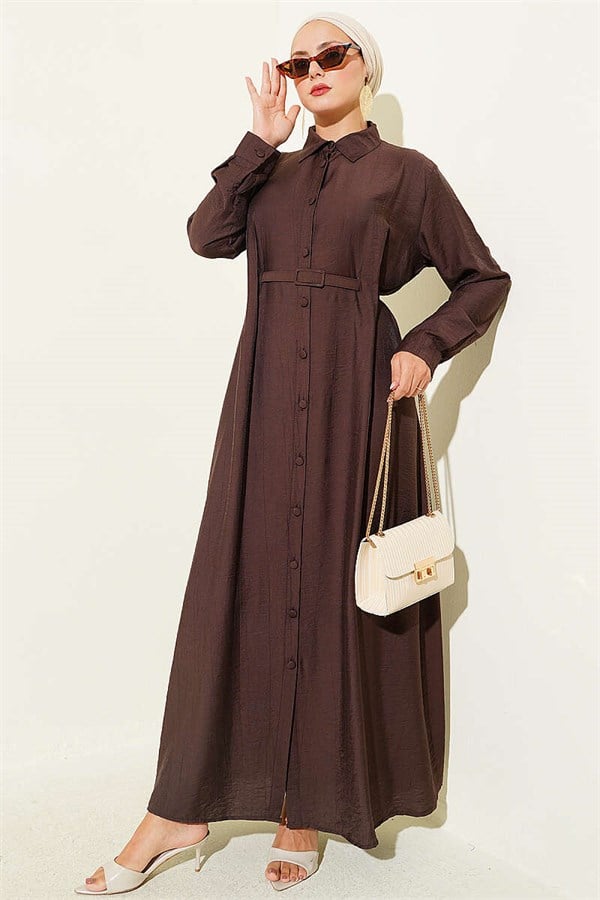 Full-Length Buttoned, Dart-Detailed Belted Dress in Dark Brown