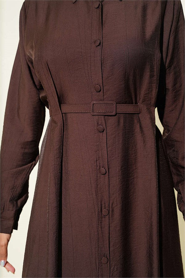 Full-Length Buttoned, Dart-Detailed Belted Dress in Dark Brown