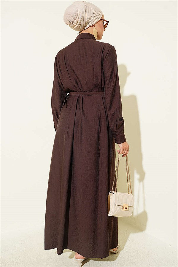 Full-Length Buttoned, Dart-Detailed Belted Dress in Dark Brown