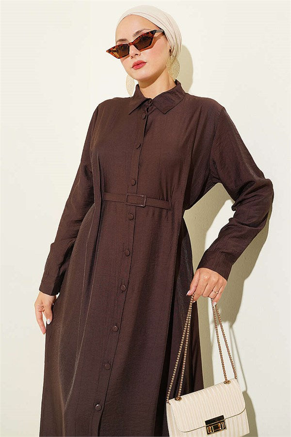 Full-Length Buttoned, Dart-Detailed Belted Dress in Dark Brown