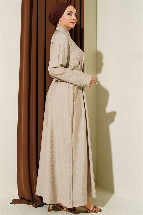 Full-length button-down dress with darts and belt, beige.